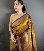 Women golden bronze small floral zari butti soft silk saree