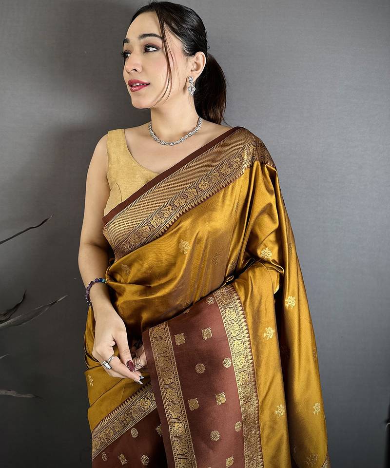 Women golden bronze small floral zari butti soft silk saree