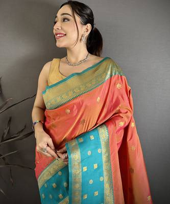 Women coral pink small floral zari butti soft silk blend saree 1