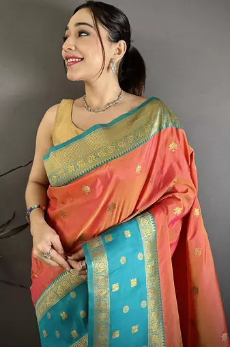 Women coral pink small floral zari butti soft silk saree