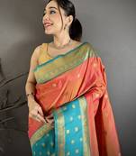 Women coral pink small floral zari butti soft silk saree