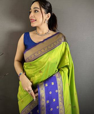 Women parrot green small floral zari butti soft silk blend saree 1