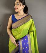 Women parrot green small floral zari butti soft silk saree