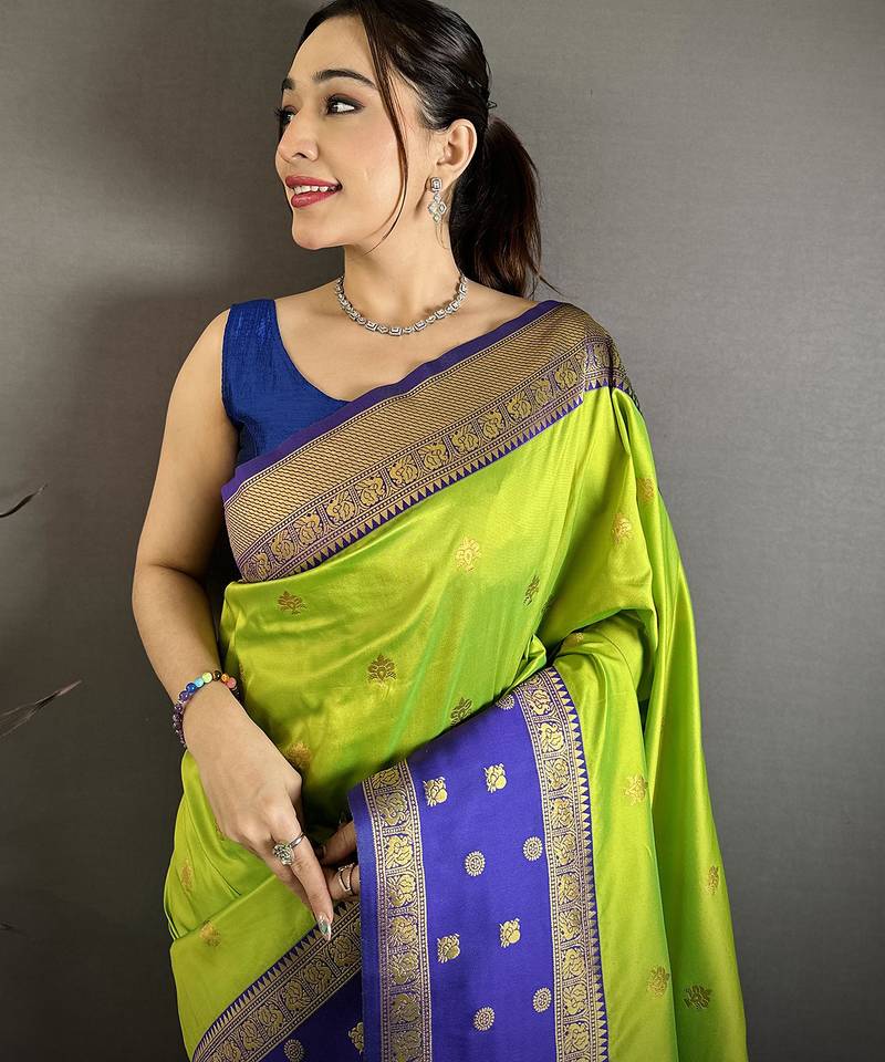 Women parrot green small floral zari butti soft silk saree