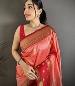 Women peach small floral zari butti soft silk saree
