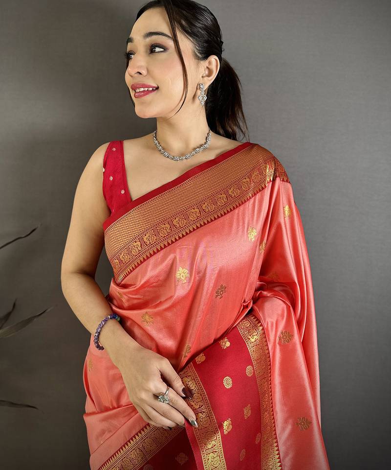 Women peach small floral zari butti soft silk saree