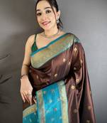 Women coffee brown small floral zari butti soft silk saree