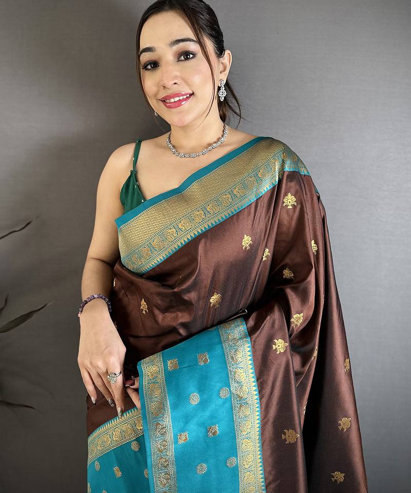 Women coffee brown small floral zari butti soft silk saree