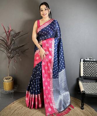 Women navy blue silver zari buttis soft silk blend saree 1