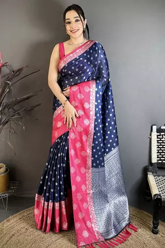Women navy blue silver zari buttis soft silk saree