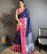 Women navy blue silver zari buttis soft silk saree