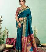 Women  teal blue peacock motifs silk blend saree