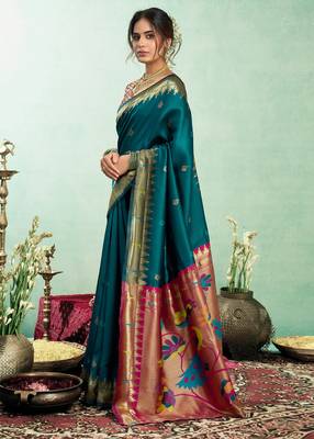 Women  teal blue peacock motifs silk blend blend saree 2