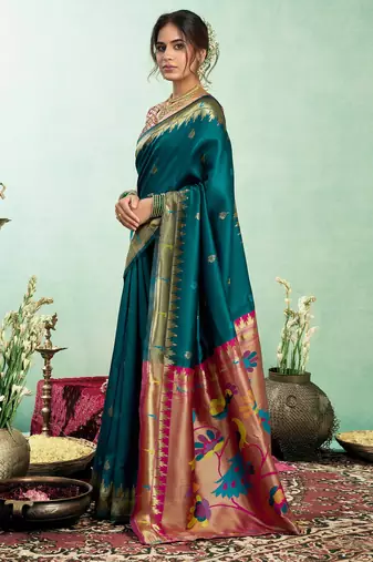 Women   teal blue peacock motifs silk blend saree
