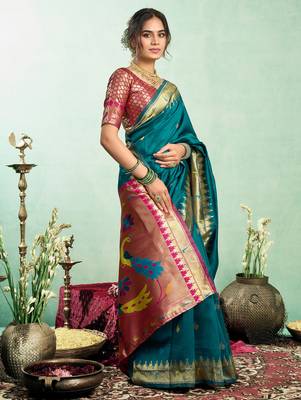 Women  teal blue peacock motifs silk blend blend saree 3