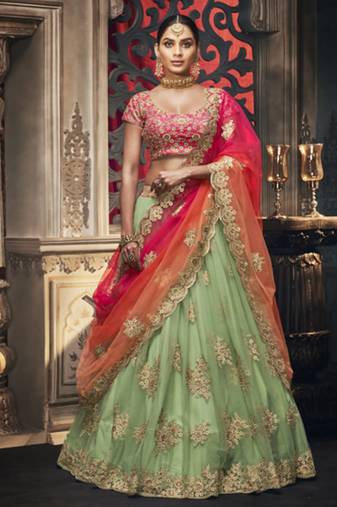 Soft Premium Net Wedding Lehenga In Green With Embroidery & Crystal Stone Work