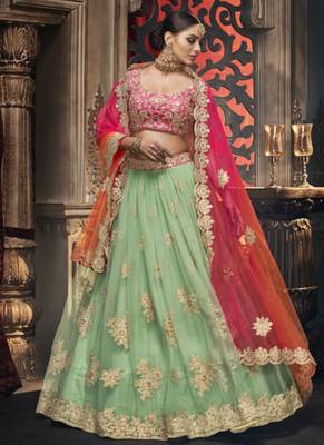Soft Premium Net Wedding Lehenga In Green With Embroidery & Crystal Stone Work 2