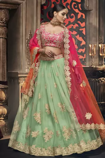 Soft Premium Net Wedding Lehenga In Green With Embroidery & Crystal Stone Work