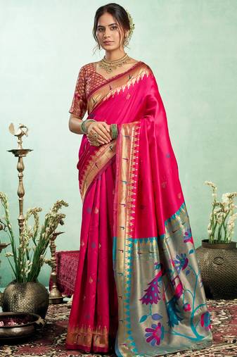 Women pink peacock motifs silk blend saree