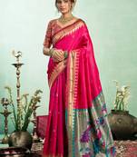 Women pink peacock motifs silk blend saree