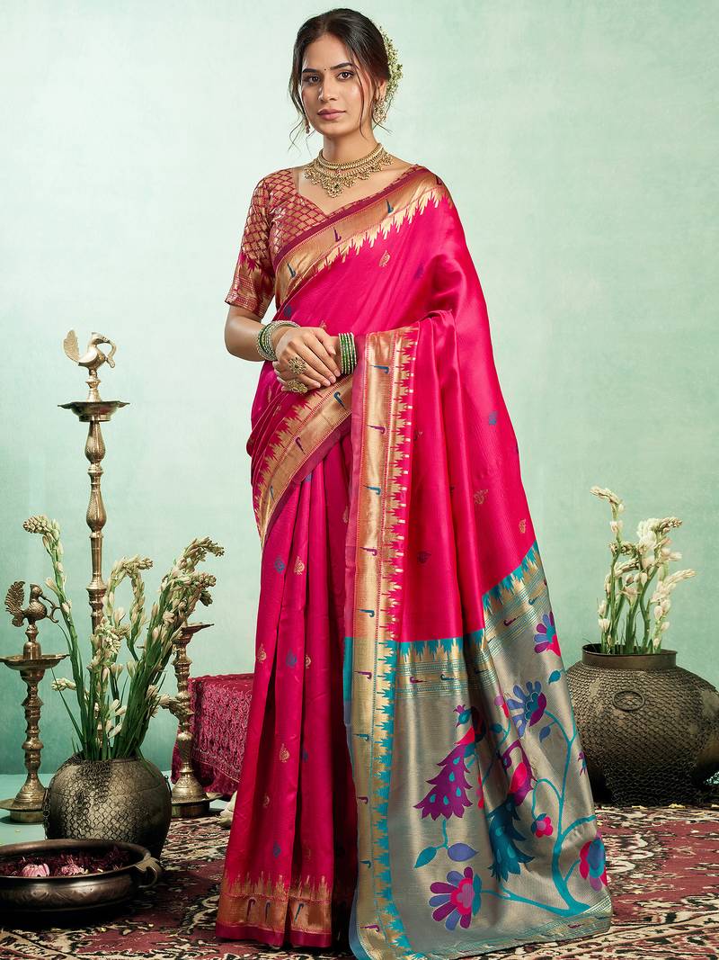 Women pink peacock motifs silk blend saree
