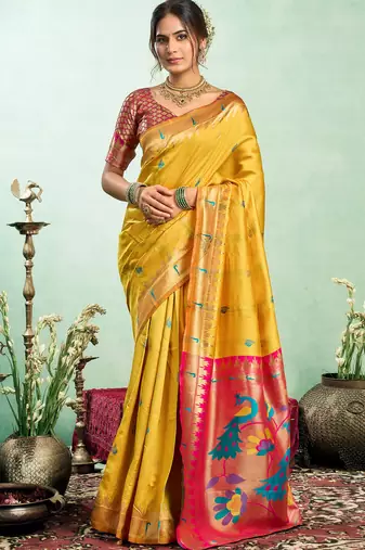 Women yellow peacock motifs silk blend saree