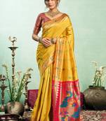 Women yellow peacock motifs silk blend saree