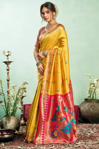 Women yellow peacock motifs silk blend saree