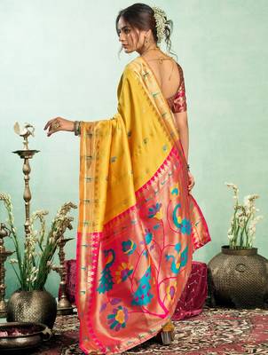 Women yellow peacock motifs silk blend blend saree 3