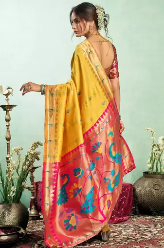 Women yellow peacock motifs silk blend saree