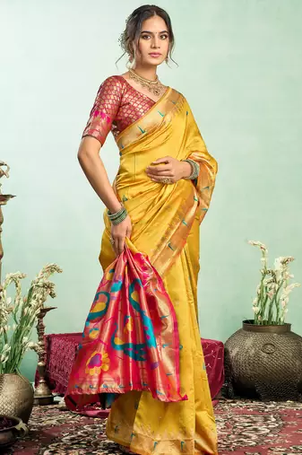 Women yellow peacock motifs silk blend saree