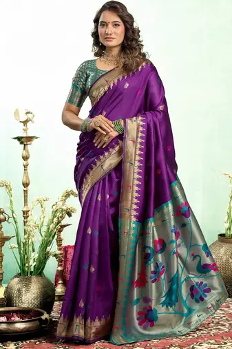 Women purple peacock motifs silk blend saree