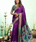Women purple peacock motifs silk blend saree