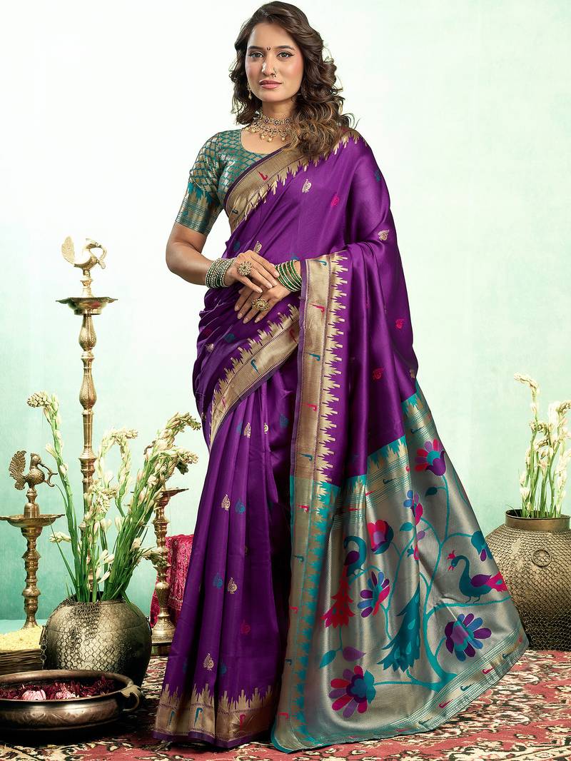 Women purple peacock motifs silk blend saree