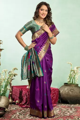 Women purple peacock motifs silk blend saree