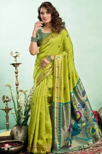 Women lime green peacock motifs silk blend saree