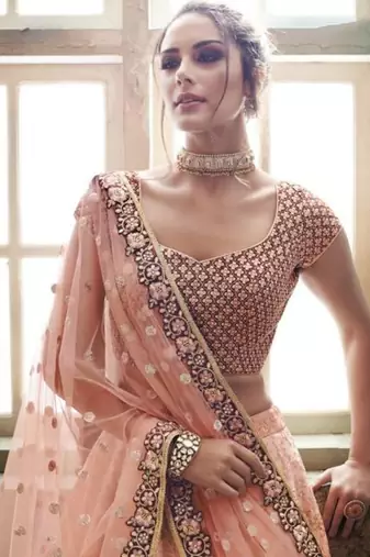 Soft Premium Net Party Wear Lehenga In Peach Color With Embroidery Work & Stone Work