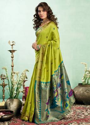 Women lime green peacock motifs silk blend blend saree 2