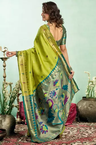 Women lime green peacock motifs silk blend saree