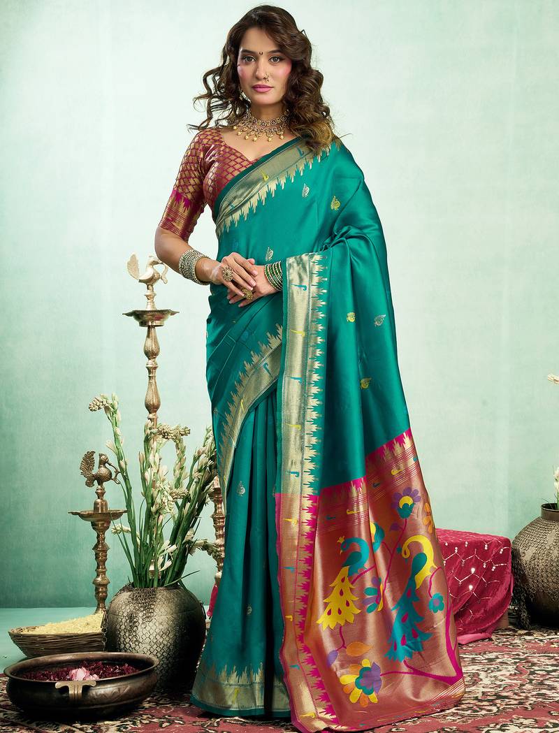 Women dark green peacock motifs silk blend saree