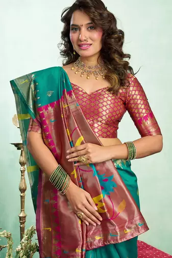 Women dark green peacock motifs silk blend saree
