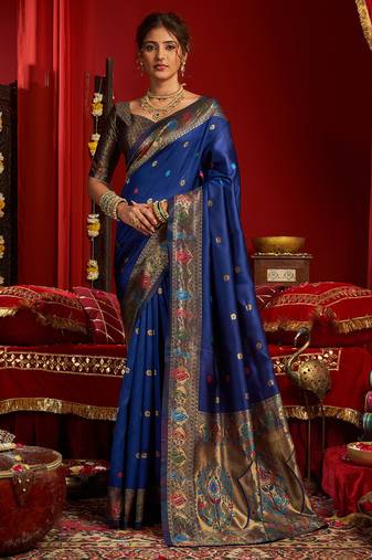 Women royal blue floral motifs silk blend saree