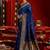 Women royal blue floral motifs silk blend saree