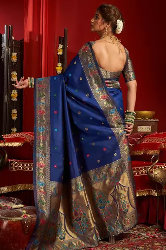Women royal blue floral motifs silk blend saree