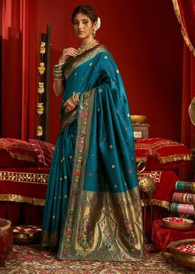 Women dark teal floral motifs silk blend saree 2