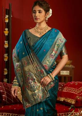 Women dark teal floral motifs silk blend saree 5