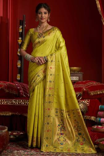 Women lime green floral motifs silk blend saree