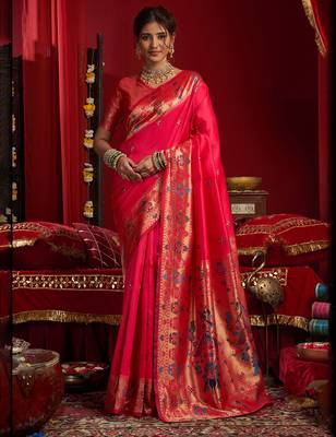 Women cerise pink butti motifs silk blend blend saree 1