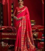 Women cerise pink butti motifs silk blend blend saree