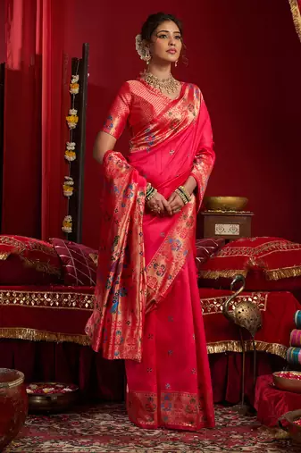 Women cerise pink butti motifs silk blend saree